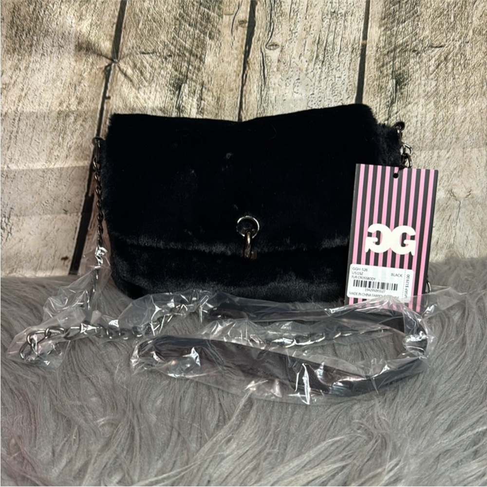 GILDA PARIS BLACK FAUX FUR CROSSBODY BAG.